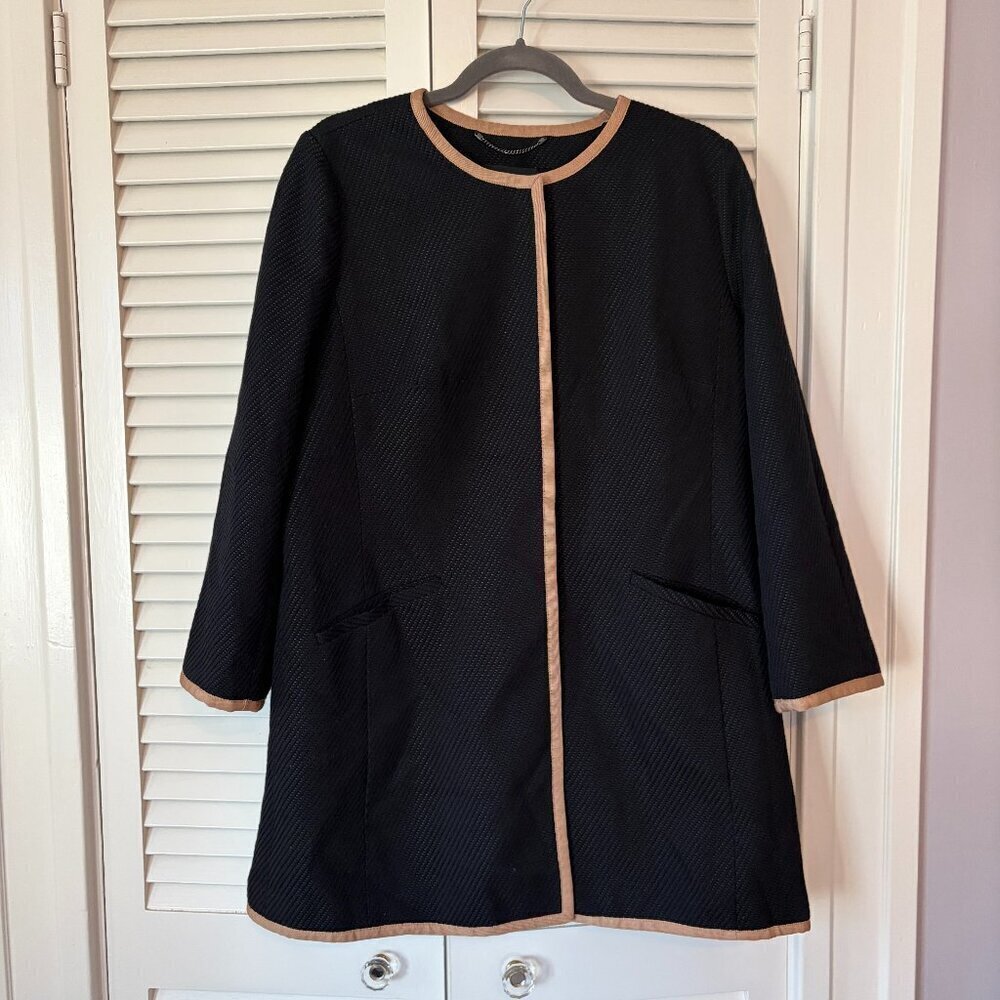 Talbots Textured Piped Coatigan 12 black tan snap